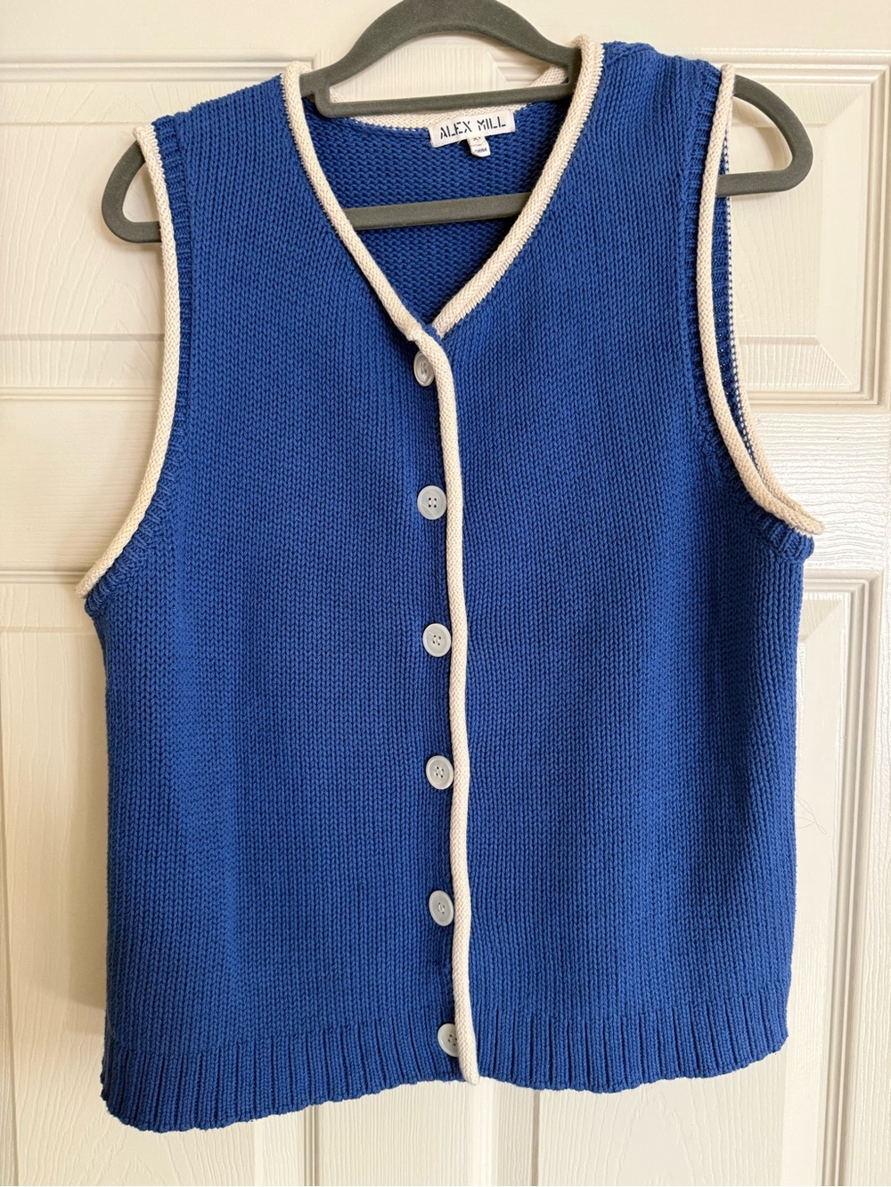 Alex Mill Blue Sleeveless Button-Front Knit Vest with White Trim